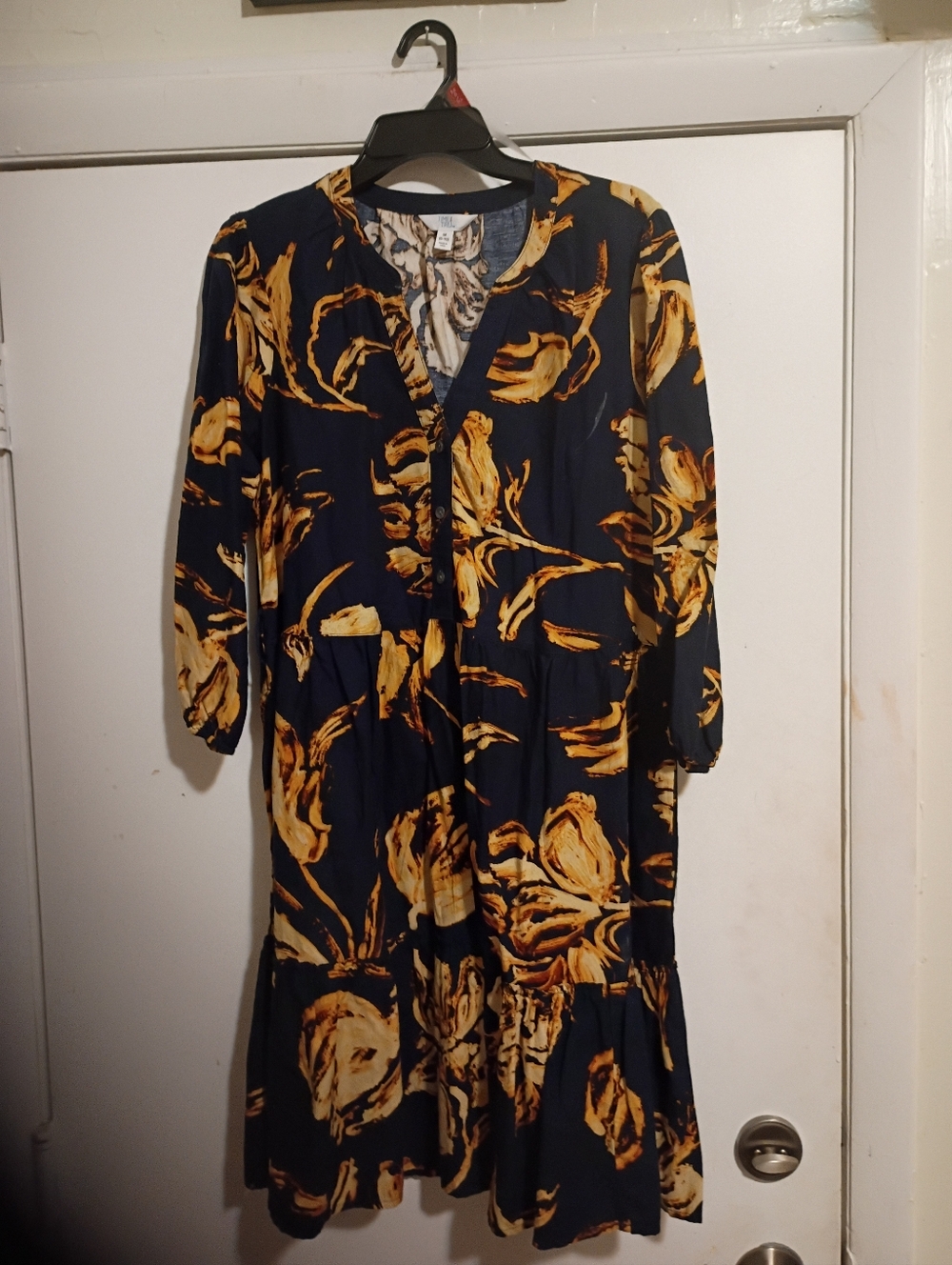 Time and Tru Navy Midi Dress with Mustard Floral Print